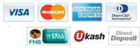 Credit Card, Visa, Mastercard, Amex, Diners Club, AutoPay, FNB Cell Paypoint, Ukash and Direct Deposit accepted